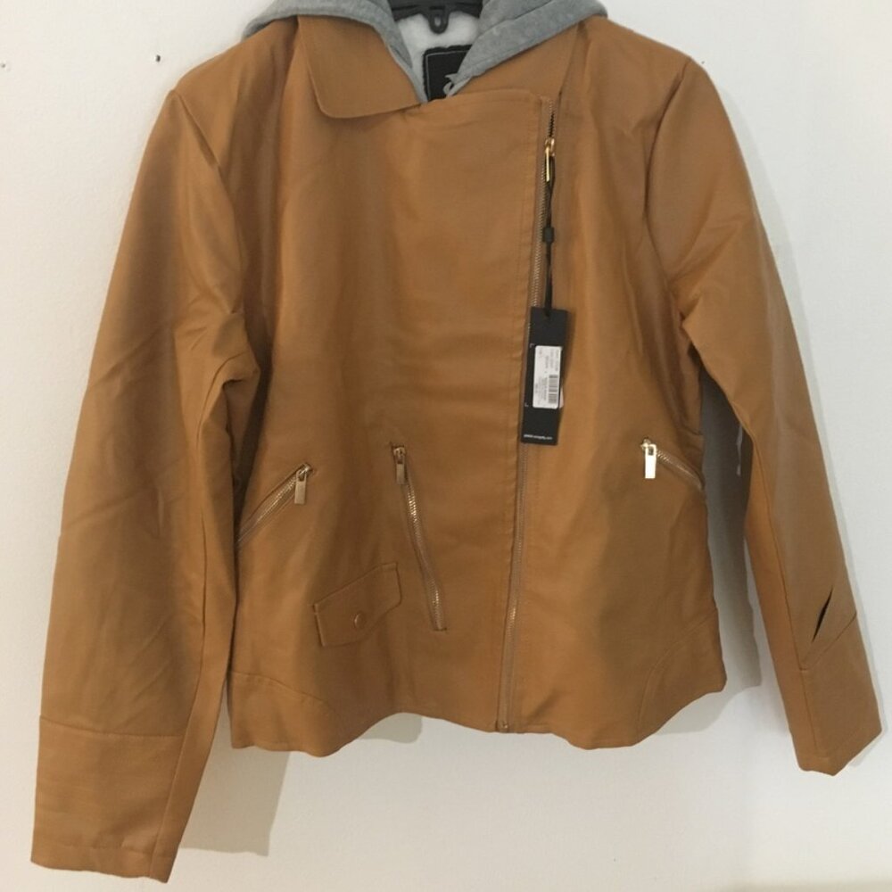 Yoki Faux Leather Taupe Jacket with Gray Hood Size Medium Large NWT